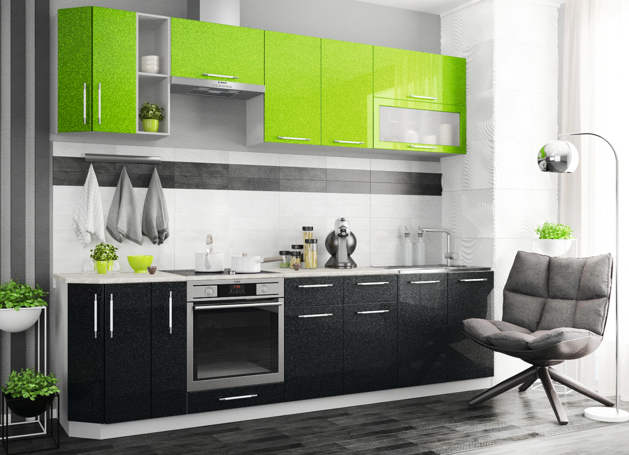Модульная кухня Олива зелёный металлик-чёрный металлик