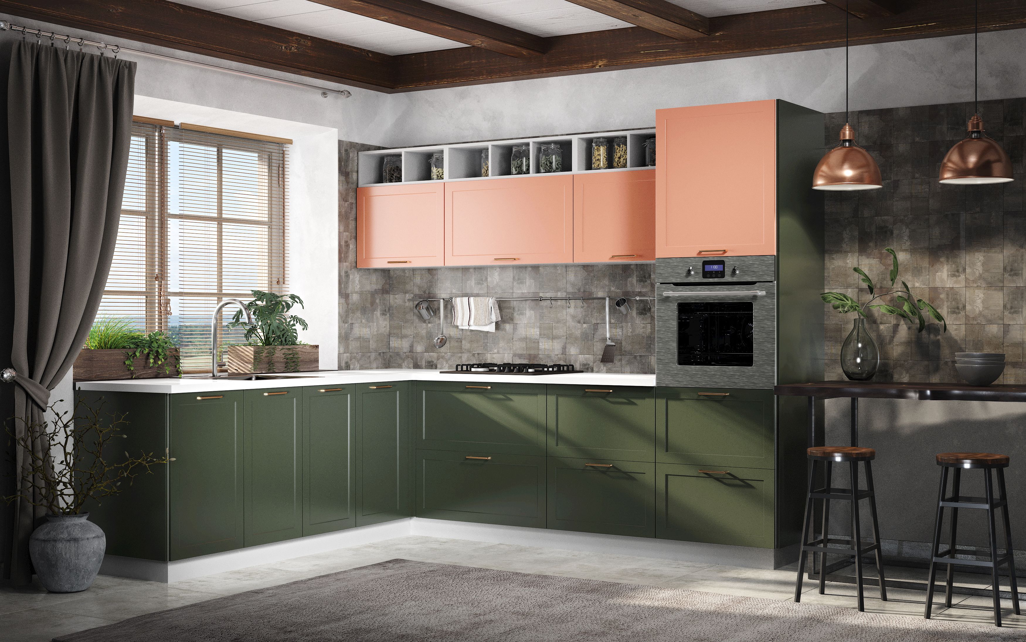Модульная кухня Квадро персик софт - оливково-зелёный