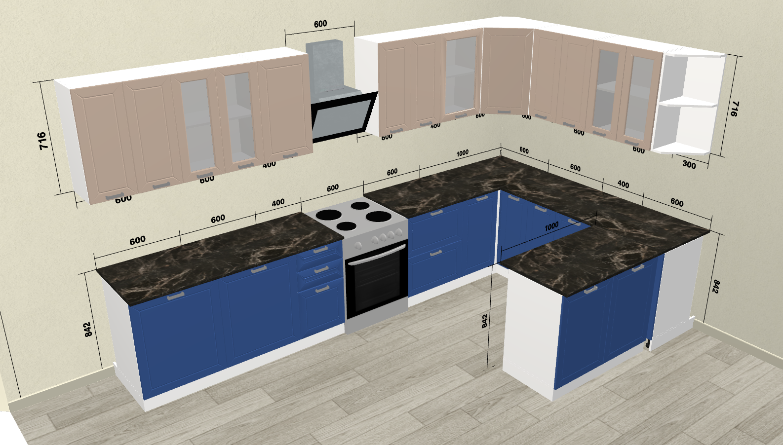 3D проект модульной кухни Альфа латте сапфир в Москве