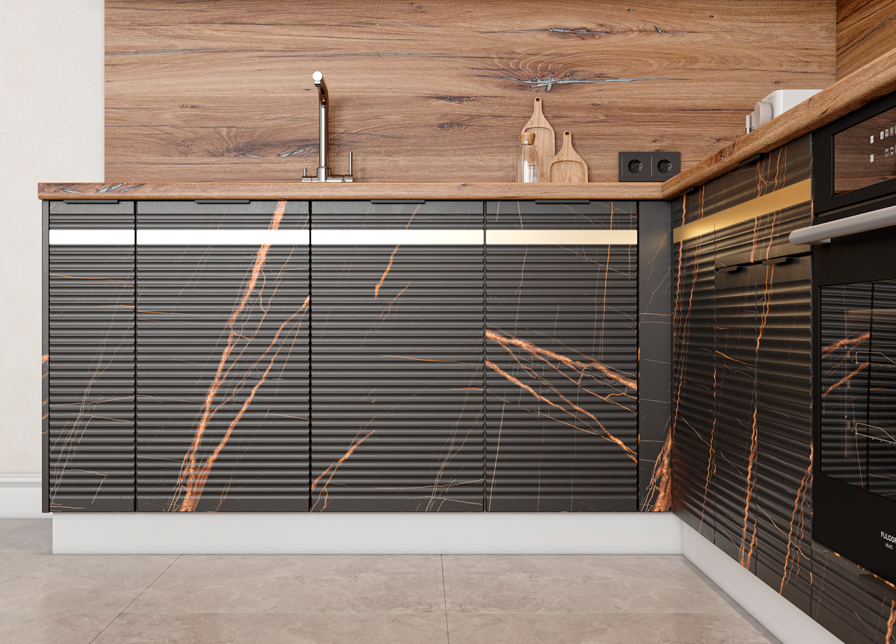 Модульная кухня Корато чёрный мрамор-рифлёные фасады