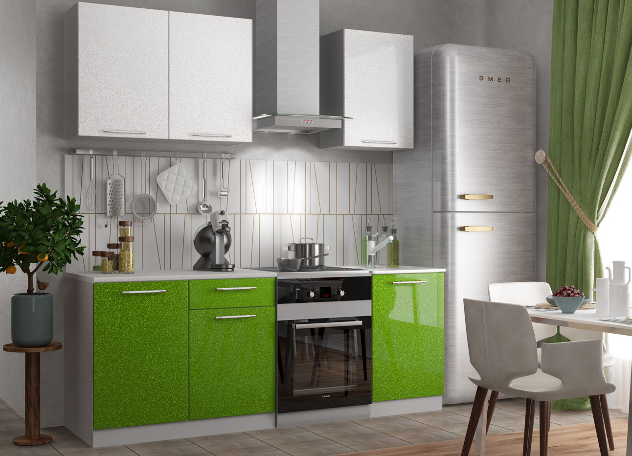 Модульная кухня Олива зелёный металлик-белый металлик
